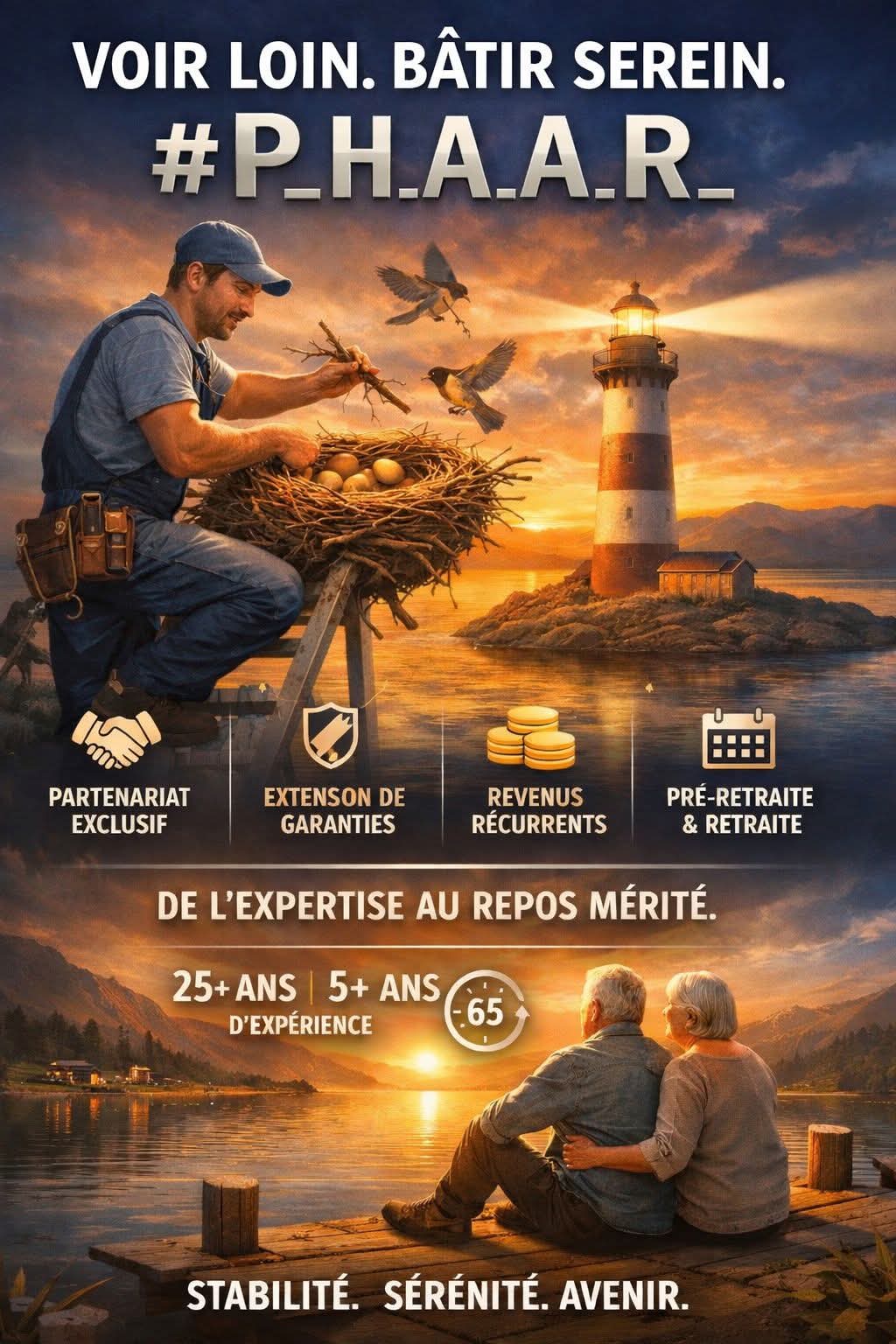 P.H.A.A.R. — Voir loin, bâtir serein. Partenariat exclusif, extension de garanties, revenus récurrents, pré-retraite et retraite. De l'expertise au repos mérité.